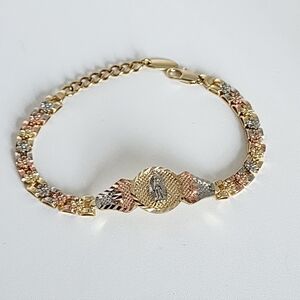 Tri Tone Gold Plated Virgin Mary Bracelet 8” Religious Floral Link